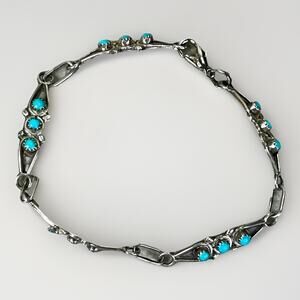 Old Pawn Sterling Silver Turquoise Station Link Bracelet Southwestern 7.25”